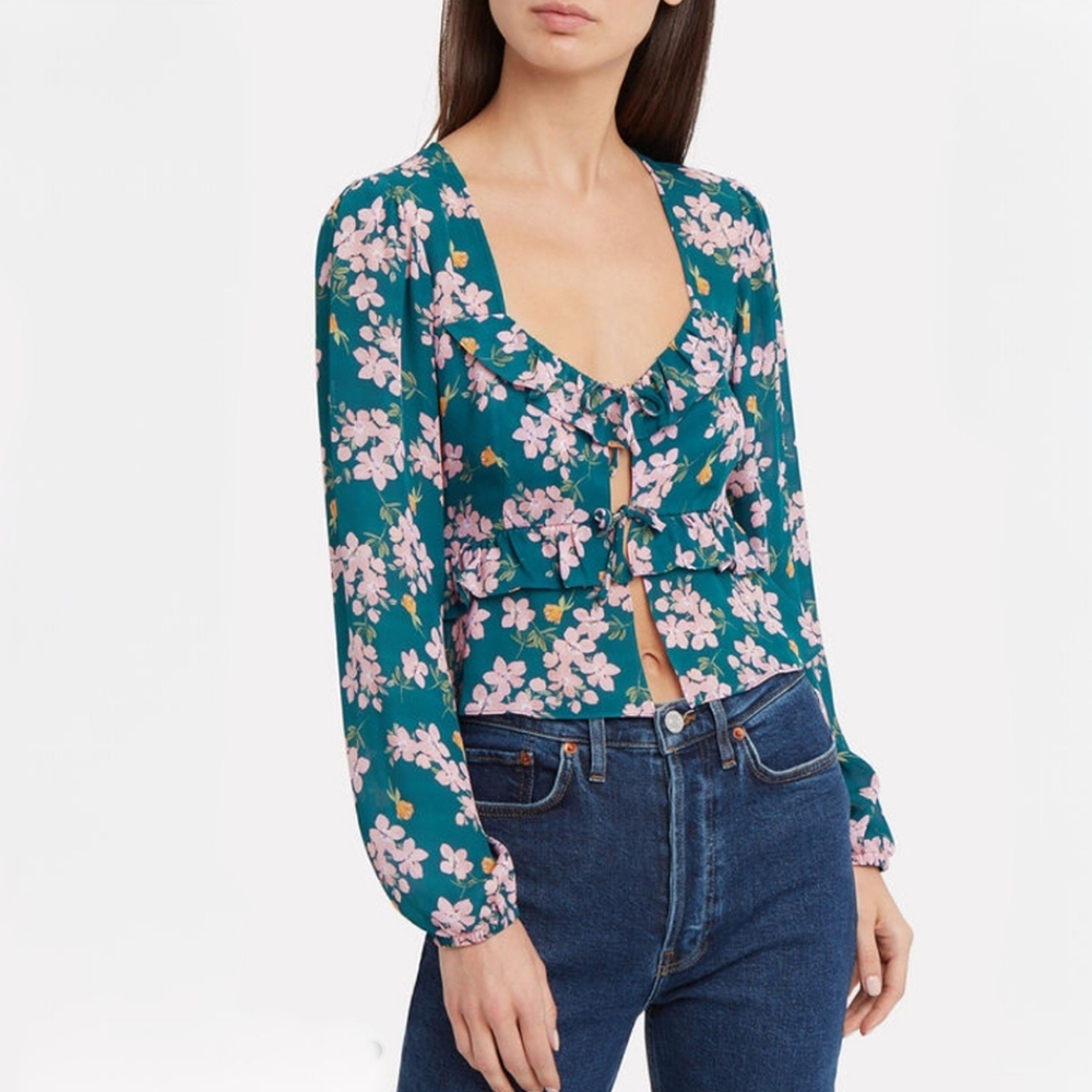 INTERMIX Amara Green Pink Floral Feminine Ruffle Crop Silk Top